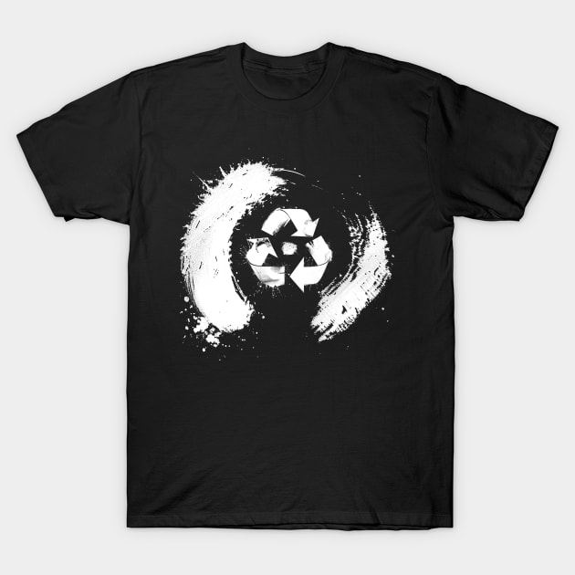 Earth Day: The Recycle Logo in the center of a Japanese Sumi Brush Enso (eternal circle)  on a Dark Background T-Shirt by Puff Sumo